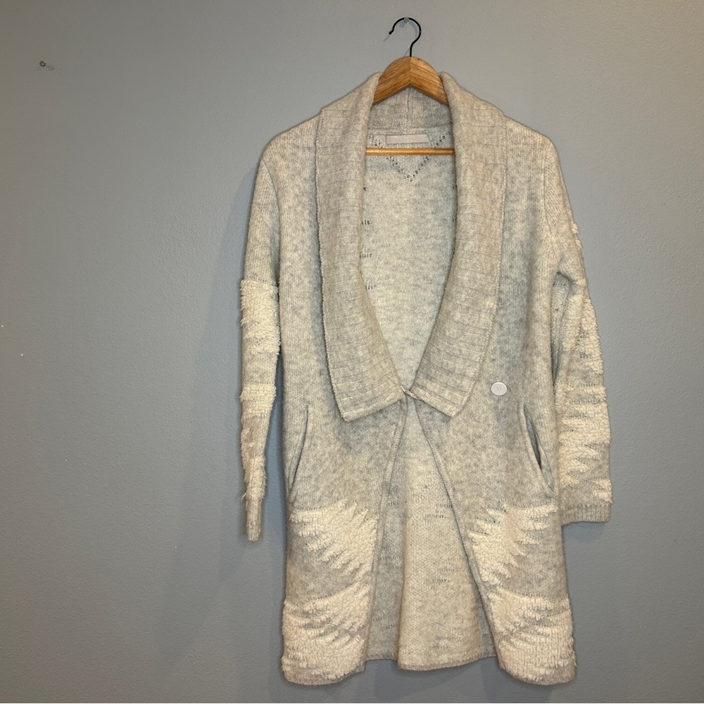 One Grey Day Cardigan Womens XS Gray Cream Geometric Wool Blend Textured Sweater